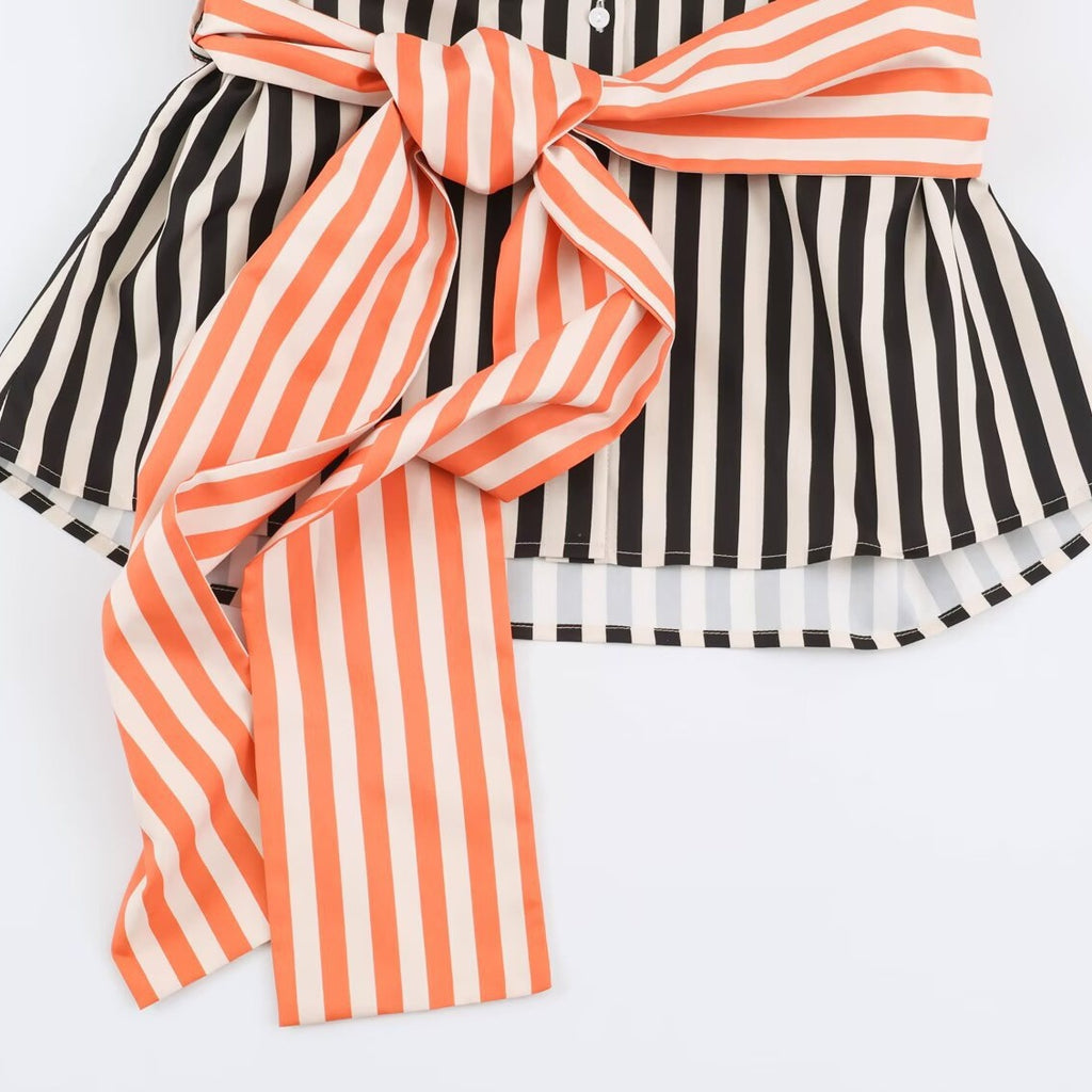 Women Long-Sleeved Shirt Blouse with Contrasting Waist Sash and Wide Cuffs Fashion Glam