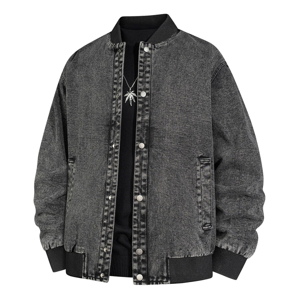Men's Denim Bomber Jacket with Ribbed Collar and Snap Button Closure Fashion Glam