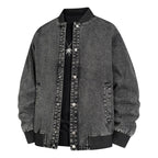Men's Denim Bomber Jacket with Ribbed Collar and Snap Button Closure Fashion Glam