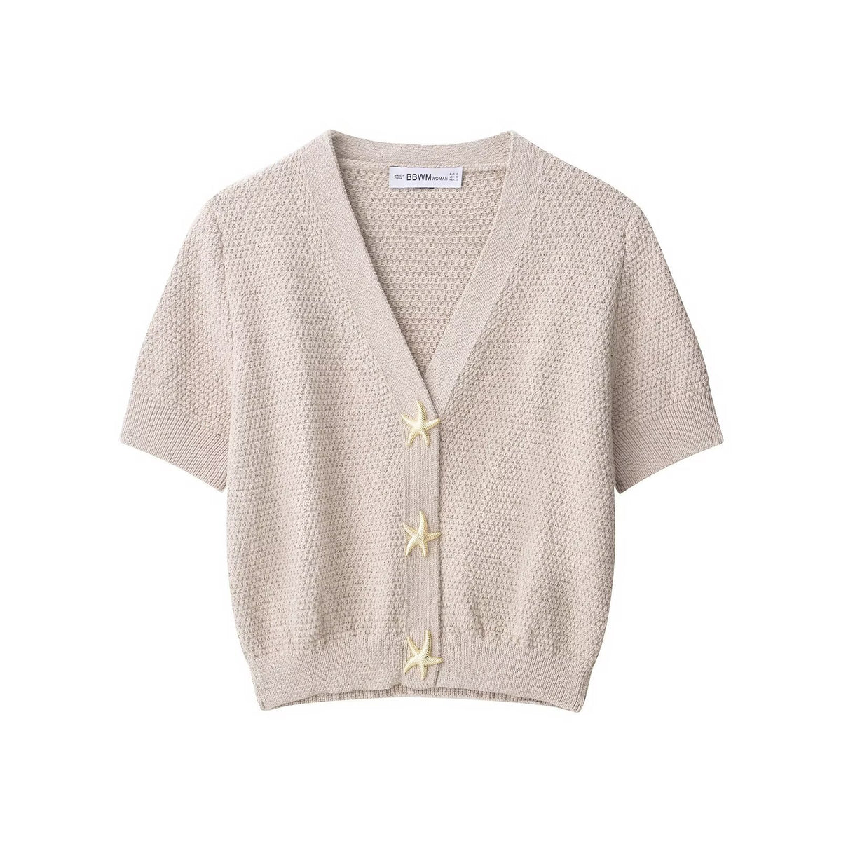 Women's Short-Sleeved Textured Knit Cardigan with V-Neck and Starfish Buttons Fashion Glam