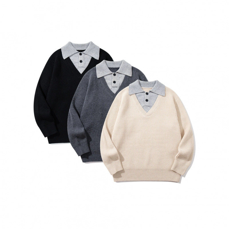 Unisex chunky knit boxy sweater with V-neck and contrasting polo button collar Fashion Glam
