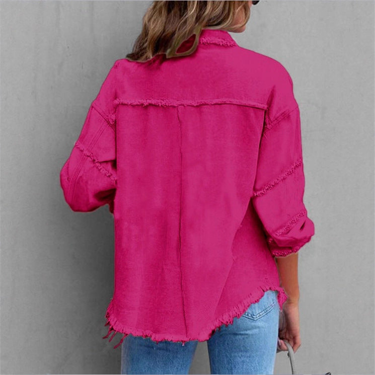 Women's Oversized Denim Utility Jacket with Frayed Edges and Flap Pockets Fashion Glam