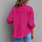 Women's Oversized Denim Utility Jacket with Frayed Edges and Flap Pockets Fashion Glam