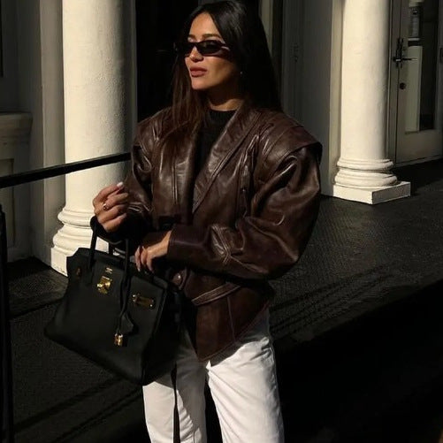 Women short jacket in velour look with shawl collar, belt at waist and decorative lacing Fashion Glam