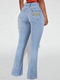 Women's high-waisted flared jeans with daisy embroidery and shaping cut Fashion Glam