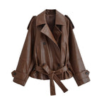 Women's Cropped Double-Breasted Faux Leather Trench with Waist Belt and Shoulder Epaulettes Fashion Glam
