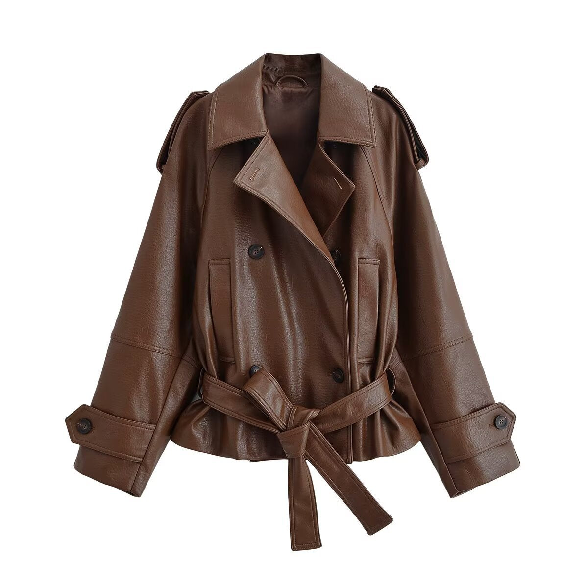 Women's Cropped Double-Breasted Faux Leather Trench with Waist Belt and Shoulder Epaulettes Fashion Glam