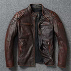 Men's leather jacket in vintage biker style with chest pockets and zipper Fashion Glam