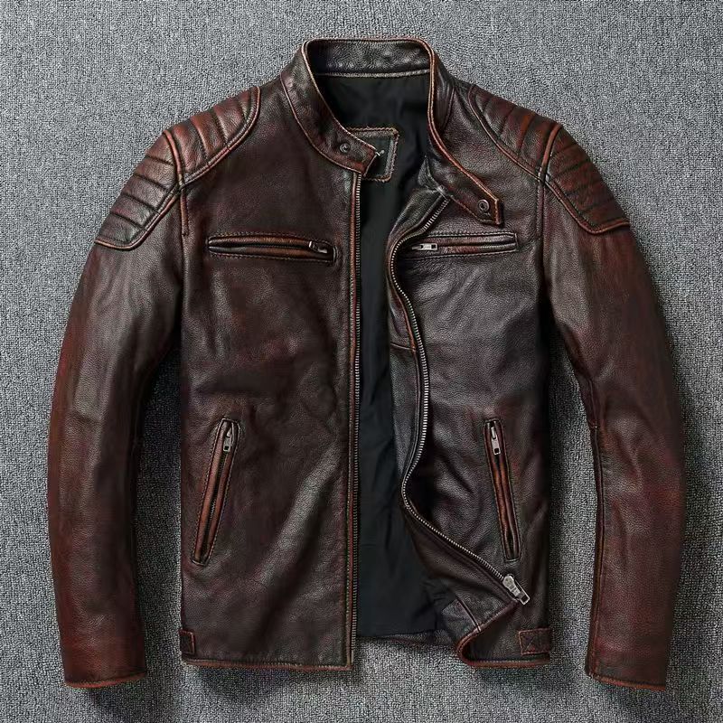 Men's leather jacket in vintage biker style with chest pockets and zipper Fashion Glam