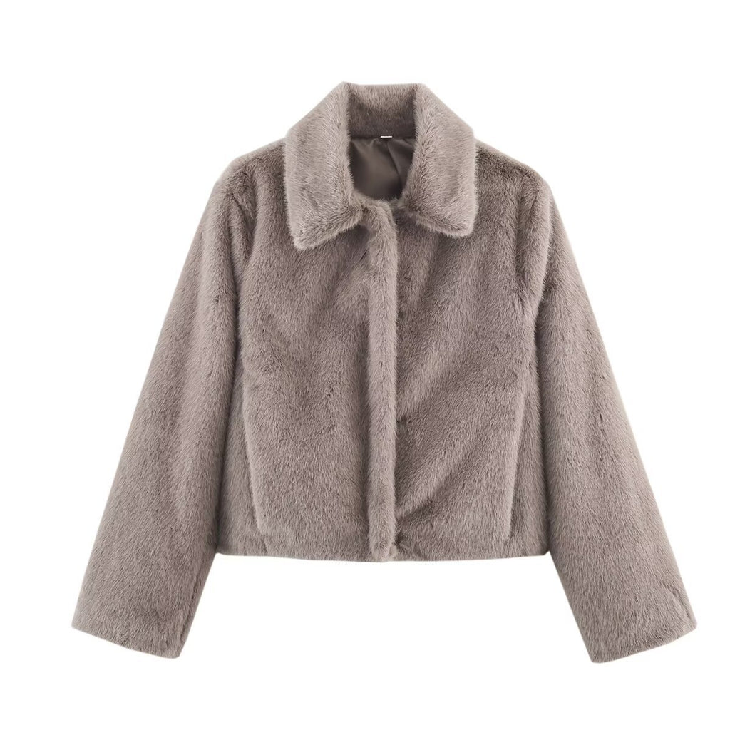 Women's Boxy Faux Fur Short Jacket with Classic Shirt Collar and Velvety Lining Fashion Glam