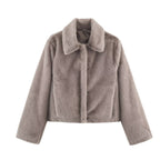 Women's Boxy Faux Fur Short Jacket with Classic Shirt Collar and Velvety Lining Fashion Glam
