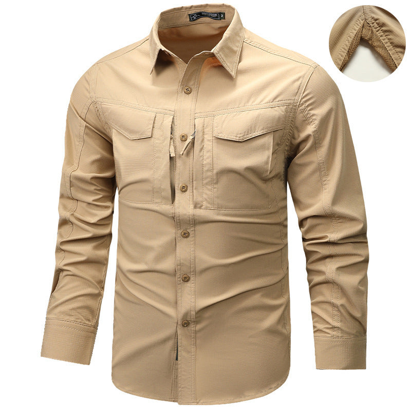 Men's Long Sleeve Outdoor Shirt with Ripstop, Chest Pockets and Zipper Pocket Fashion Glam