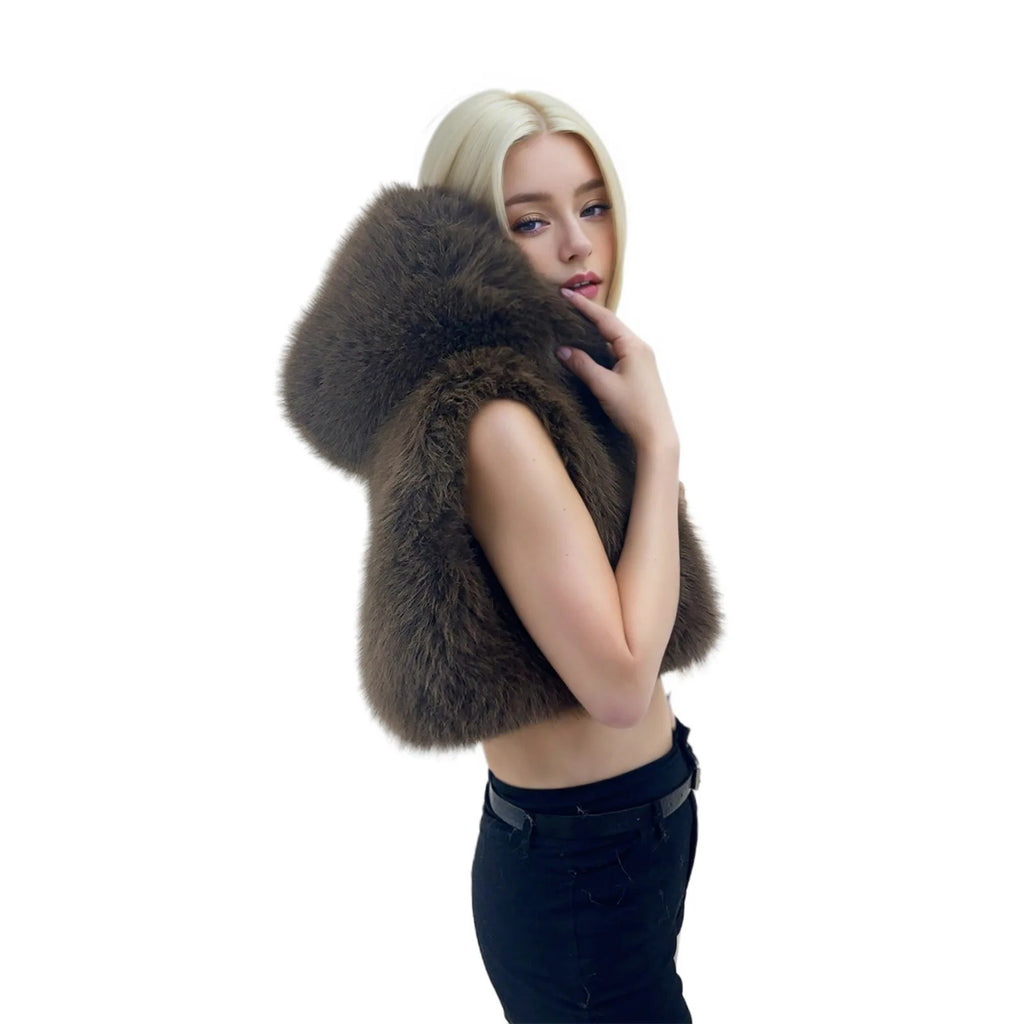 Women's Short Hooded Vest made of High-Pile Faux Fur with Voluminous Long Hair Collar Fashion Glam