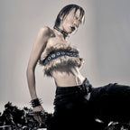 Women Cropped Bandeau Top with Faux Fur Trim, Grommet Leather Strap and Gothic-Punk Details Fashion Glam