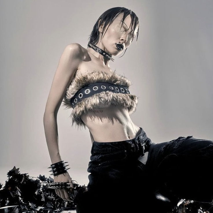 Women Cropped Bandeau Top with Faux Fur Trim, Grommet Leather Strap and Gothic-Punk Details Fashion Glam