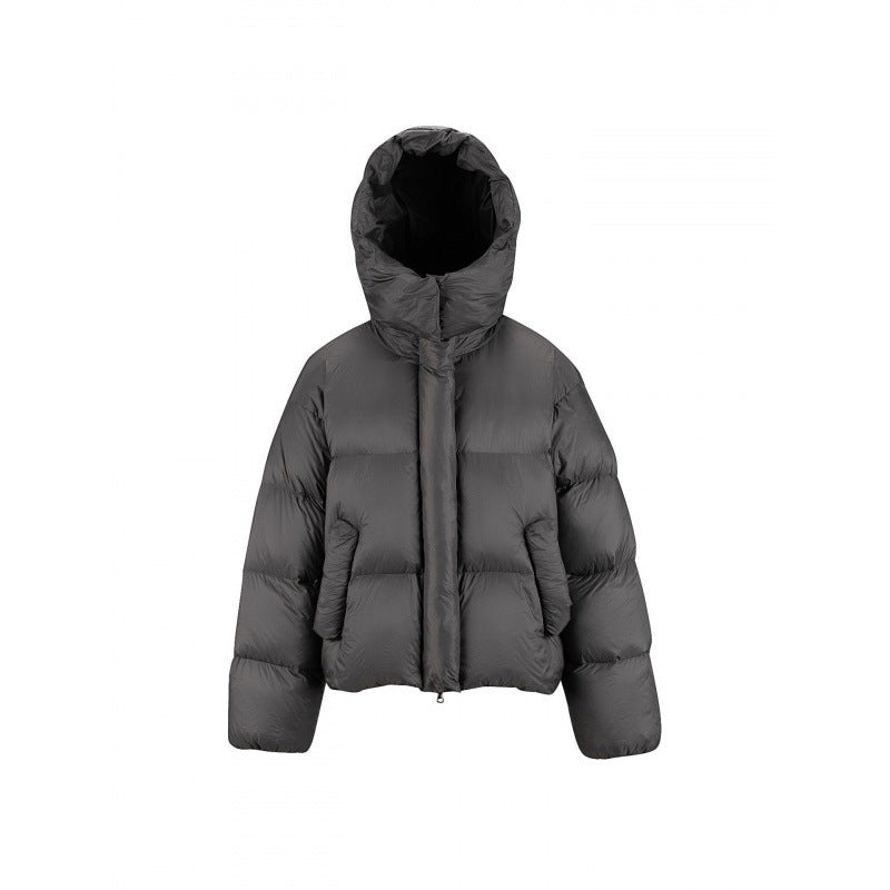 Women's Short Padded Crop Quilted Jacket with Volume Hood and Concealed Snap Placket Fashion Glam