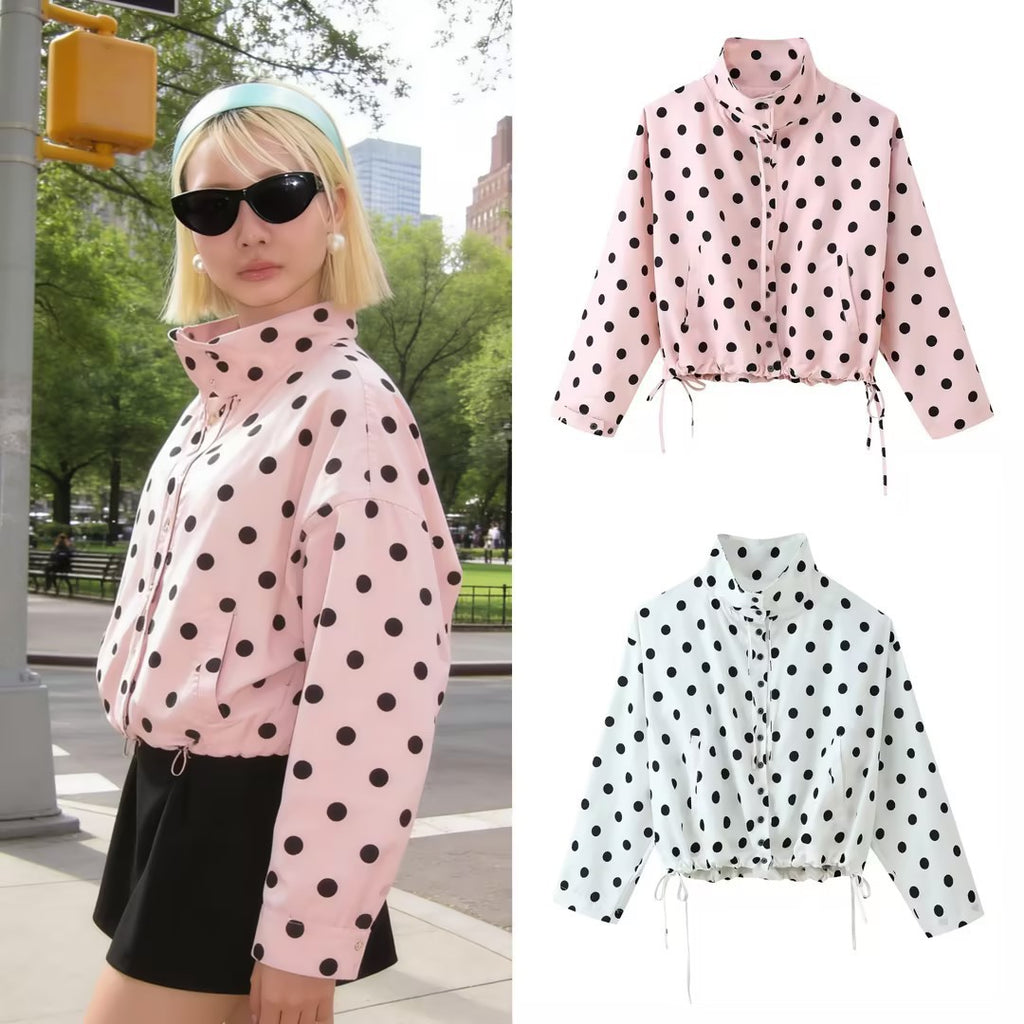 Women's Lightweight Polka Dot Wind Jacket with Stand-Up Collar and Drawstring Fashion Glam