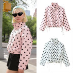 Women's Lightweight Polka Dot Wind Jacket with Stand-Up Collar and Drawstring Fashion Glam
