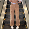 Women High-Cut Cargo Jeans in Flared Cut with Drawstring Cuffs Fashion Glam