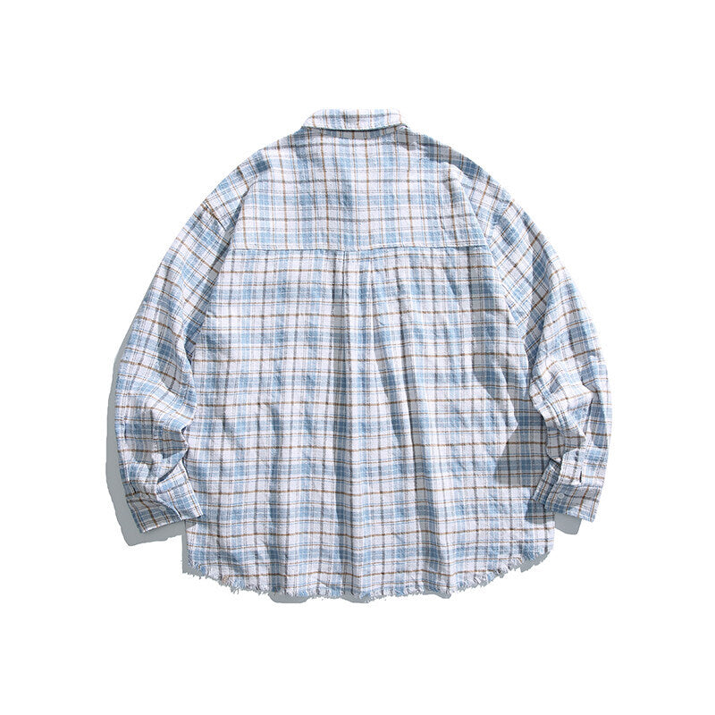 Unisex Boxy overshirt in checked linen blend with frayed hem and patch pockets Fashion Glam