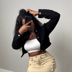 Women's Cropped Denim Jacket with Metal Button Placket and Waist-Length Fit Fashion Glam