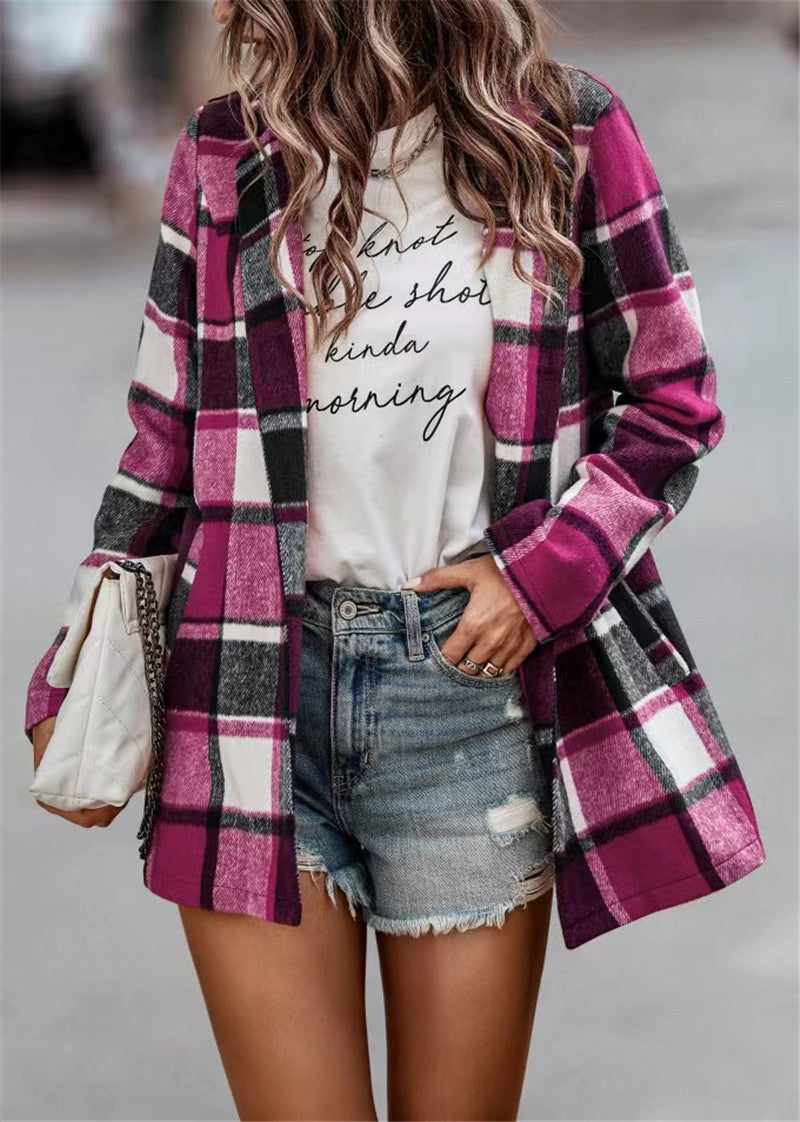 Women Checked Long Blazer Shacket Without Collar, Open Cut Fashion Glam