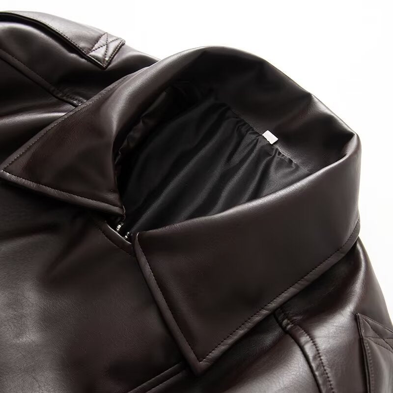 Women's Oversized Faux Leather Bomber Jacket with Utility Pockets, High Collar and Elastic Hem Fashion Glam