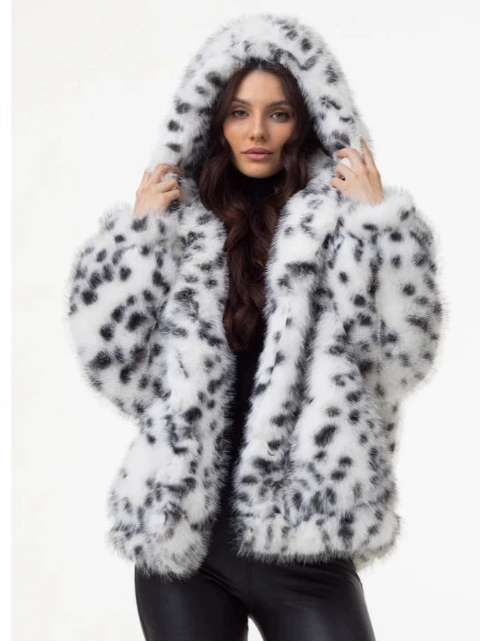 Women Short Hooded Faux Fur Jacket with Boxy Silhouette and Polka Dot Shaggy Texture Fashion Glam