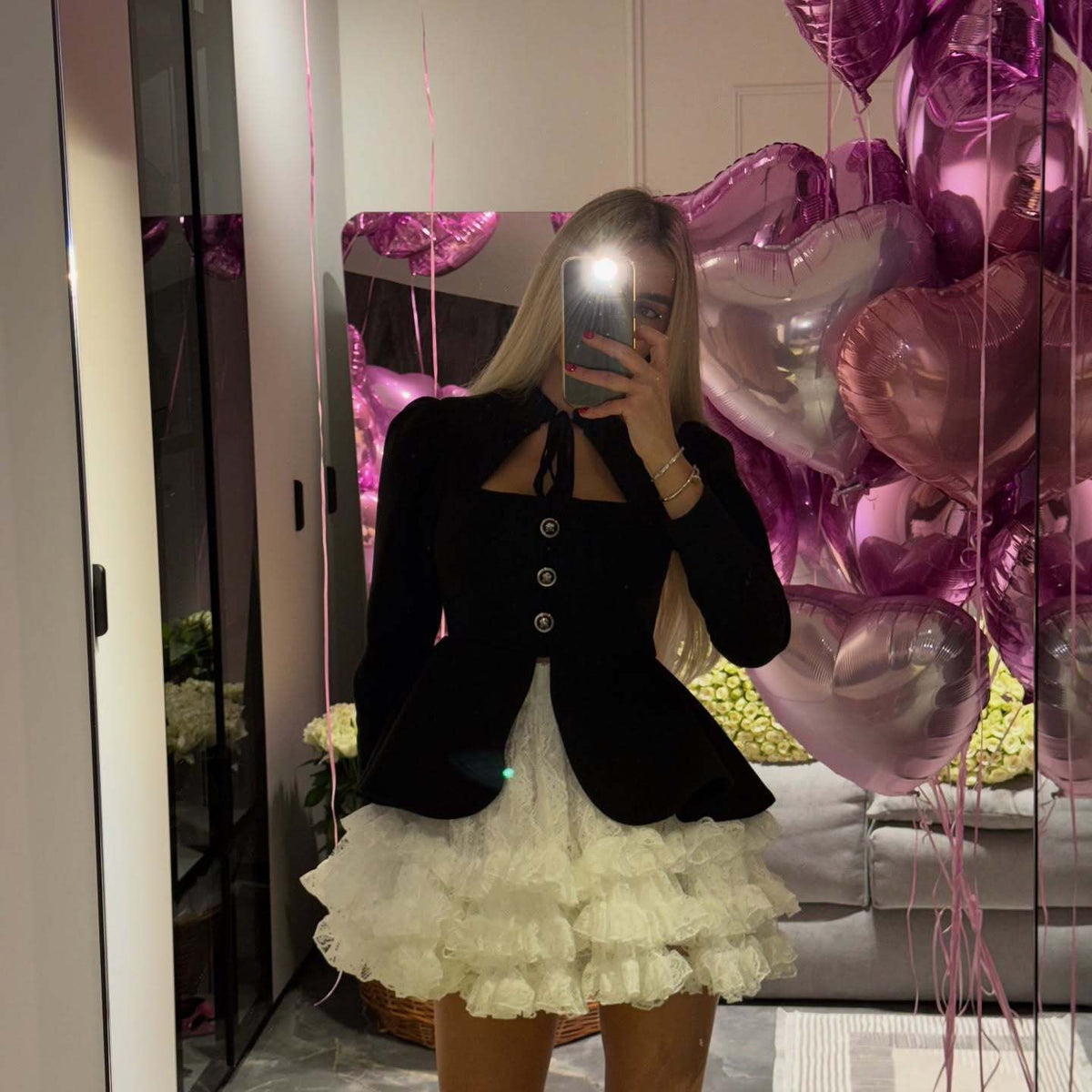 Women's dress in two-piece look with velvet blazer top, bow collar, and tiered lace skirt Fashion Glam