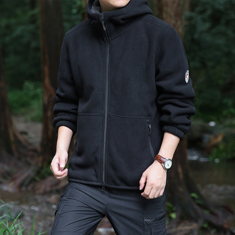 Men's fleece hooded jacket for outdoor with thermal lining, windproof surface and zip pockets Fashion Glam