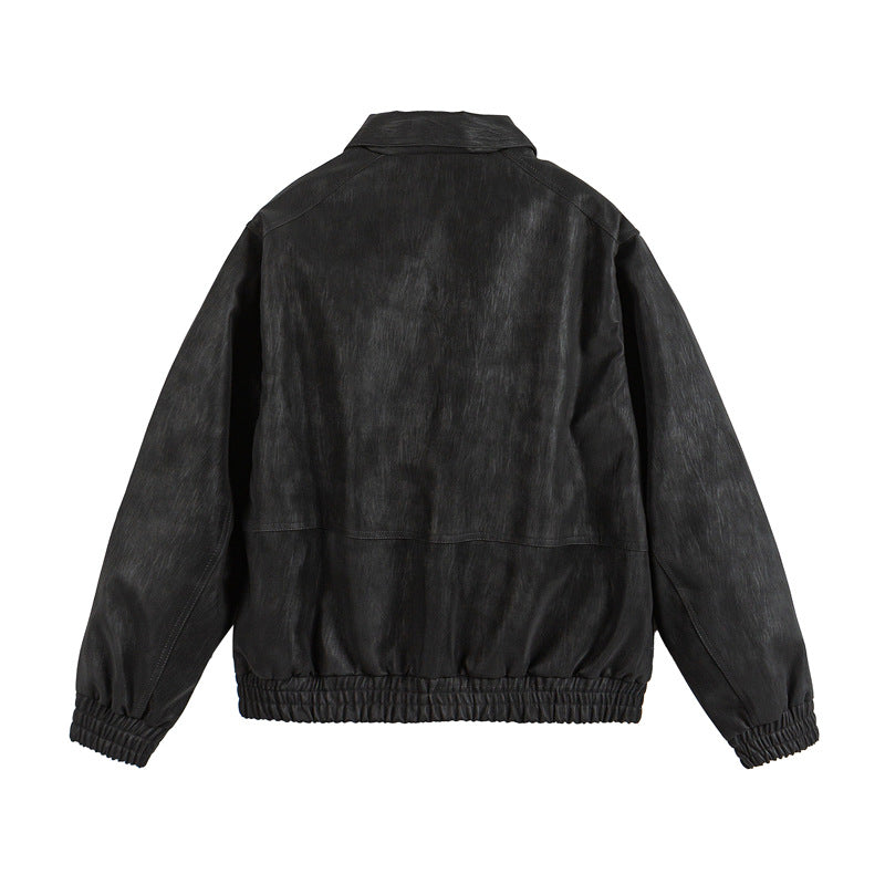 Men's leather-like blouson with shirt collar, two-way zipper, and elastic hem Fashion Glam