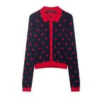 Women Short-Cut Cardigan with Shirt Collar, Heart Jacquard and Button Placket Fashion Glam