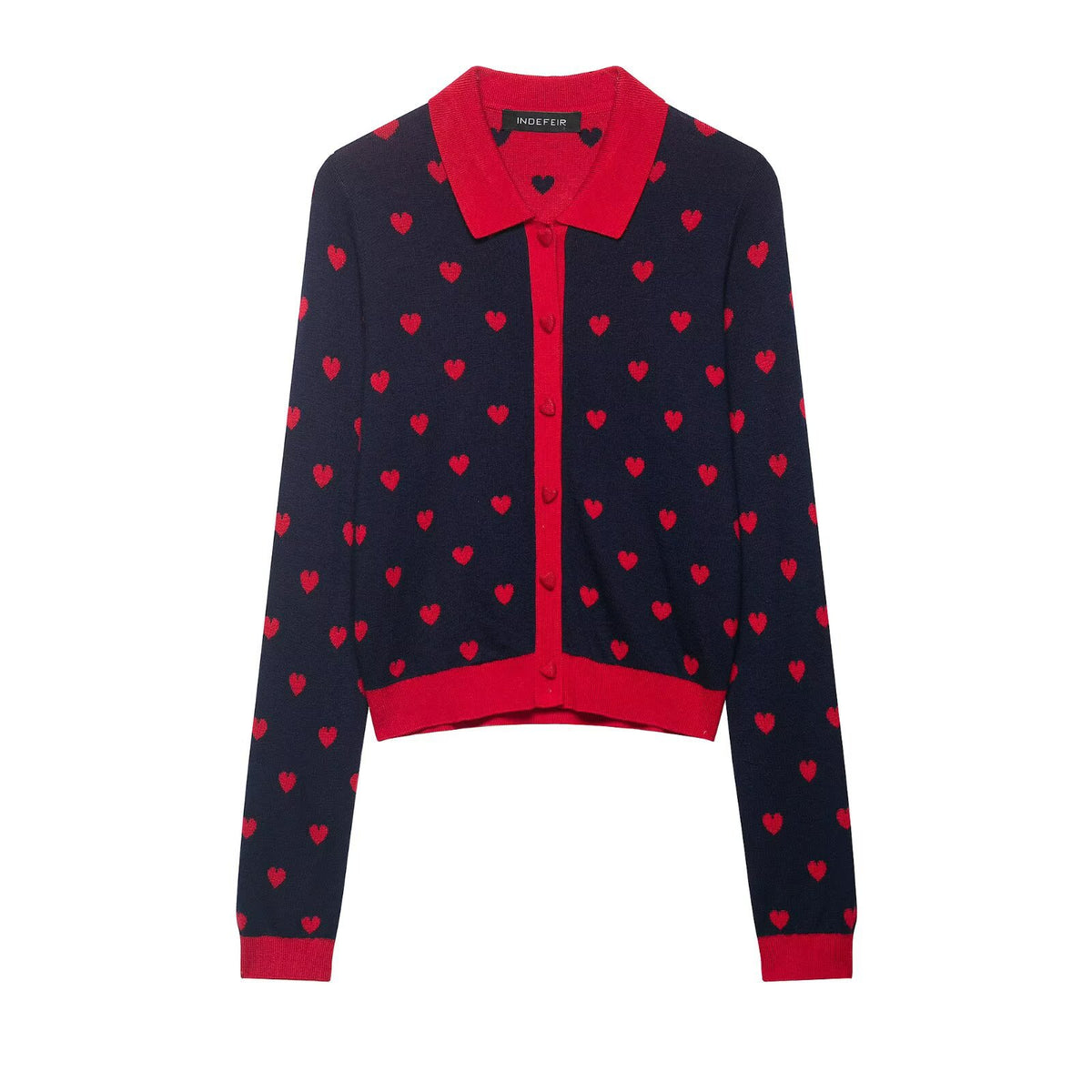 Women Short-Cut Cardigan with Shirt Collar, Heart Jacquard and Button Placket Fashion Glam