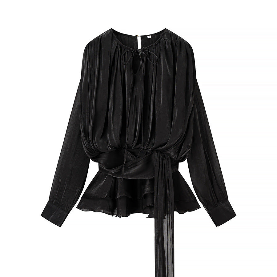 Women's chiffon blouse with gathered waist, wrap belt and ruffle hem Fashion Glam