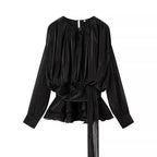 Women's chiffon blouse with gathered waist, wrap belt and ruffle hem Fashion Glam