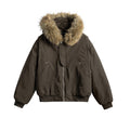 Women's short insulated field bomber jacket with hood and removable faux fur trim Fashion Glam