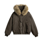 Women's short insulated field bomber jacket with hood and removable faux fur trim Fashion Glam