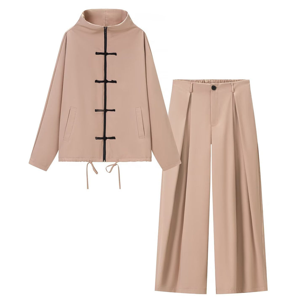 Women's lightweight boxy jacket with stand-up collar, zipper front, drawstring and decorative knot closures Fashion Glam
