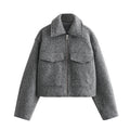 Women Short Boucle Jacket in Boxy Cut with Zip and Flap Pockets Fashion Glam