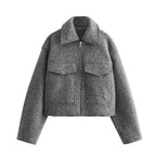 Women Short Boucle Jacket in Boxy Cut with Zip and Flap Pockets Fashion Glam