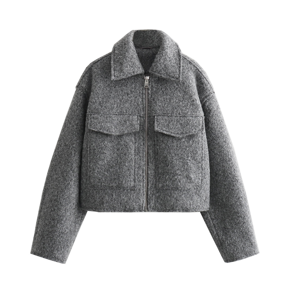 Women Short Boucle Jacket in Boxy Cut with Zip and Flap Pockets Fashion Glam