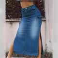 Women's High-Waisted Denim Midi Skirt with Cargo Pockets, Side Slits, and Waist-Defining Cut Fashion Glam