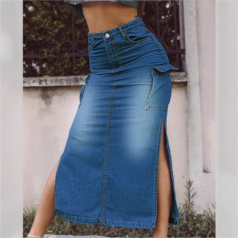Women's High-Waisted Denim Midi Skirt with Cargo Pockets, Side Slits, and Waist-Defining Cut Fashion Glam