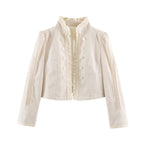 Women's Cropped Tailored Jacket with Stand-Up Collar Ruffle Trim and Decorative Buttons Fashion Glam