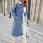 Ladies Longline Denim Coat with Teddy Collar Fashion Glam