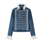 Women's Military Inspired Velvet Jacket with Decorative Cords, Feather Trim and Decorative Buttons Fashion Glam