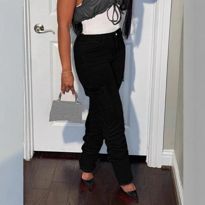 Women's High-Waisted Cargo Jeans with Slim Fit and Gathered Leg Hems Fashion Glam