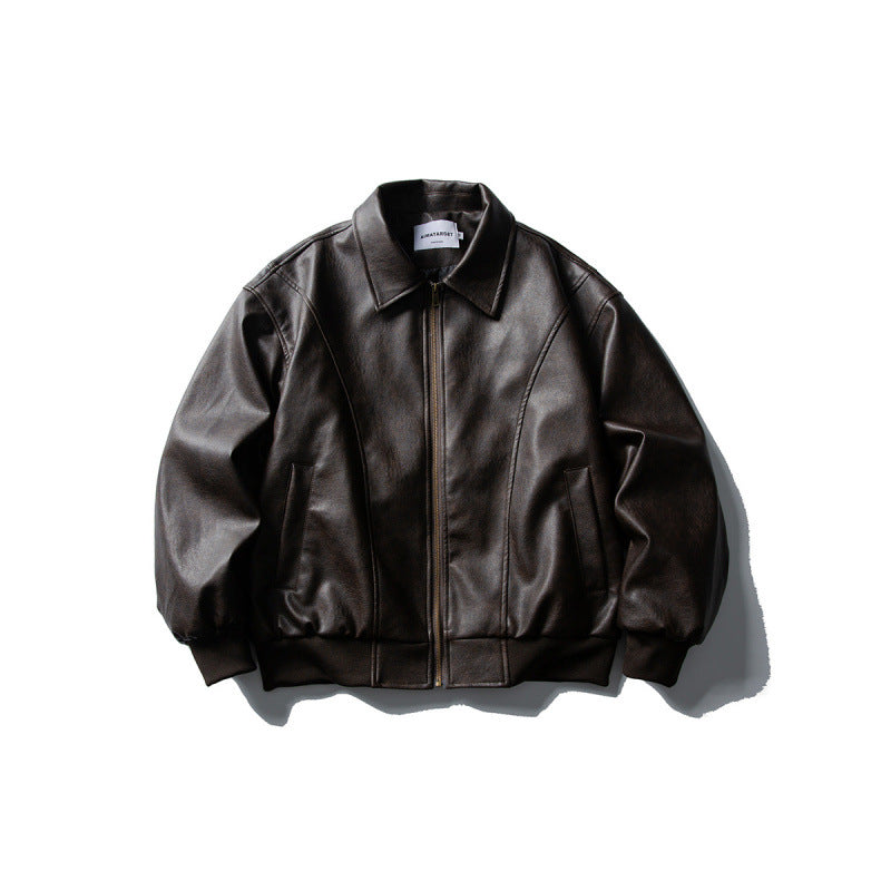 Men's leather bomber jacket in boxy cut with full-length zipper and ribbed hem Fashion Glam