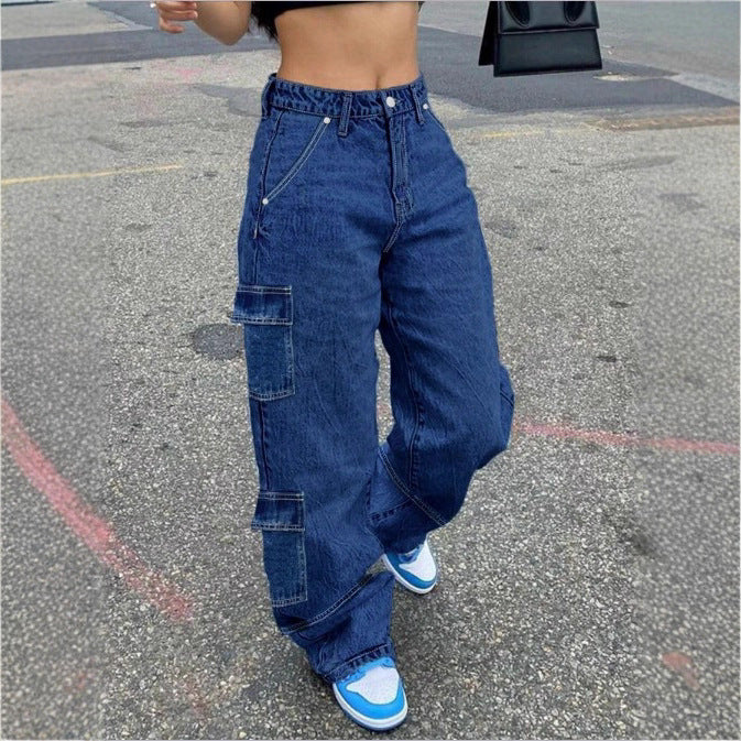 Women's high-waisted wide cargo denim pants with elastic waistband and multiple pockets Fashion Glam