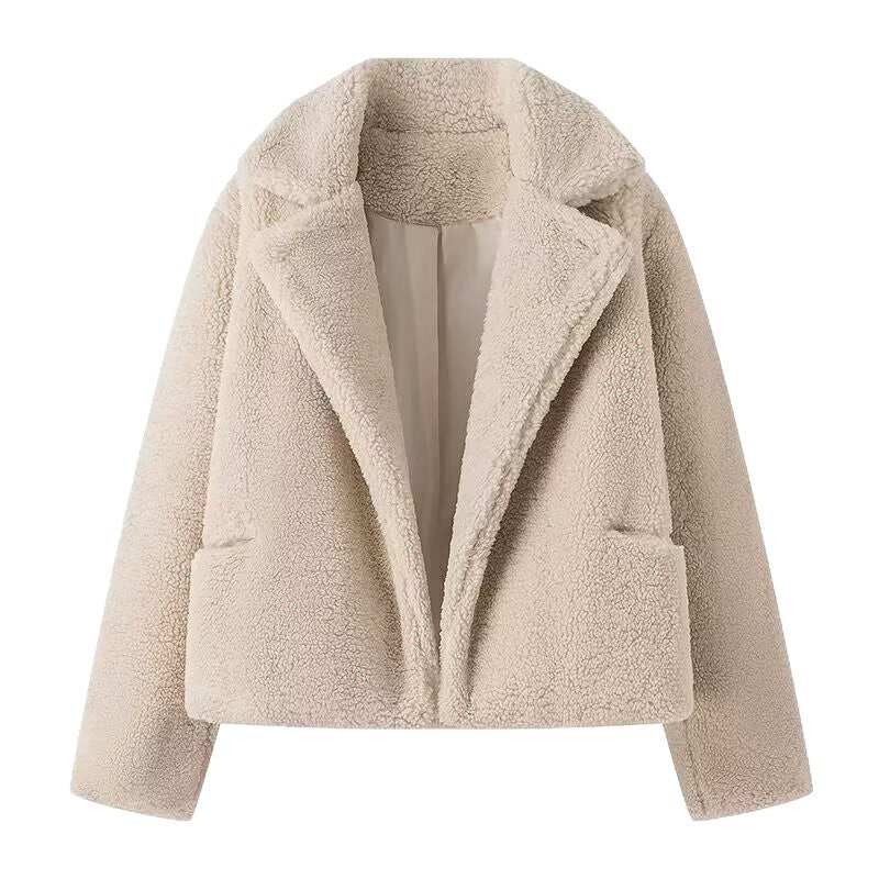 Women Teddy Fleece Jacket with Lapel Collar, Warm Inner Lining and Side Pockets Fashion Glam